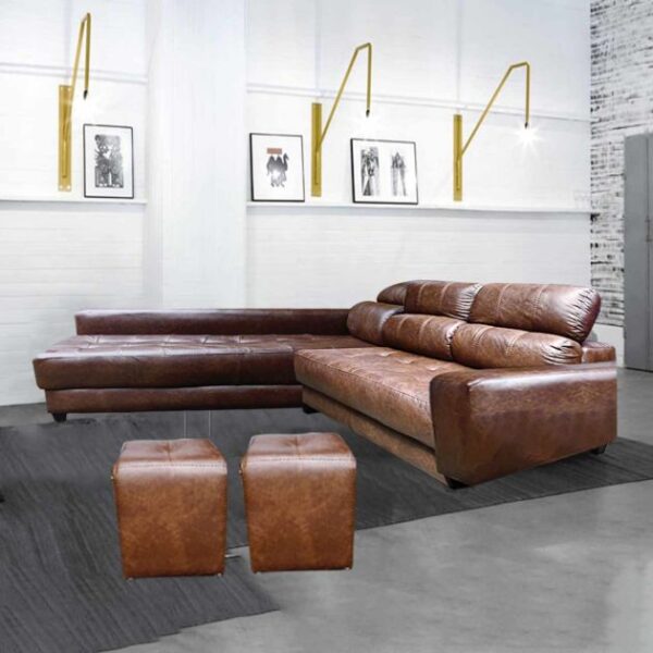 Canapé d'angle Shakira - 5 places + 2 poufs - Cuir synthétique - Mousse PH7 - Marron Café