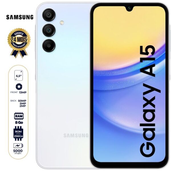 Samsung Galaxy A15 - 256Go - 8Go RAM - 6,5 pouces - 50 MP + 5 MP + 2 MP/13MP - Dual Nano SIM - 5000 mAh - Garantie 24 Mois
