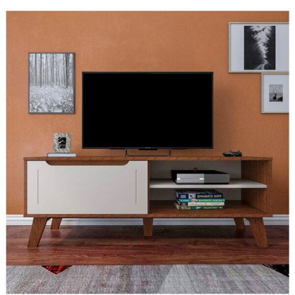 Meuble TV - MT-LOTUS/WALNUT - jusqu'à 55 pouces avec porte inclinée - Noyer/Blanc Cassé