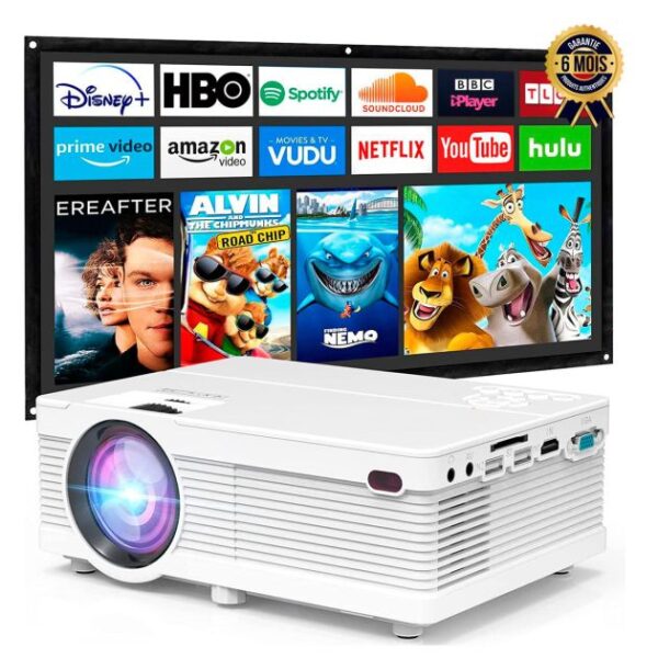 Mini projecteur LCD portable - Full HD 1080P - 7500 lumens - Ecran de projection 100" inclus - Compatible avec TV Stick téléphone, Jeux, HDMI, AV - 6 Mois