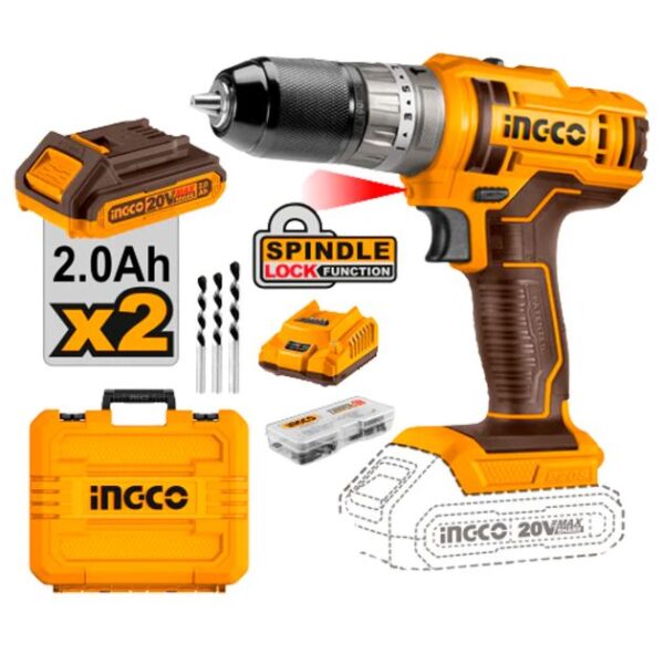 Perceuse à percussion au Lith-Ion - INGCO CIDLI201452 + 2 Batteries 20V + Chargeur - 6 Mois