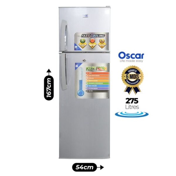 Réfrigérateur 2 portes Oscar- OSC-R325S - 275L - Economique en énergie (A) - Gris Claire - Garantie 06 mois