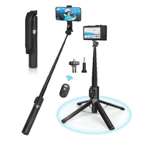 Trépied Selfie Stick - Eocean - 140cm Compatible iPhone-Téléphone Android - avec Télécommande Rechargeable et Kit de Connecteur d'Appareil Photo, Portable et Compact